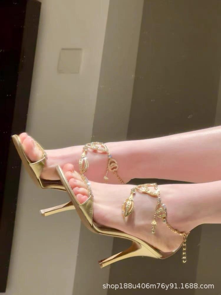 

RC new pendant rhinestone celebrity gold medieval open-toed sandals summer wear high-end high heels stiletto round head 40