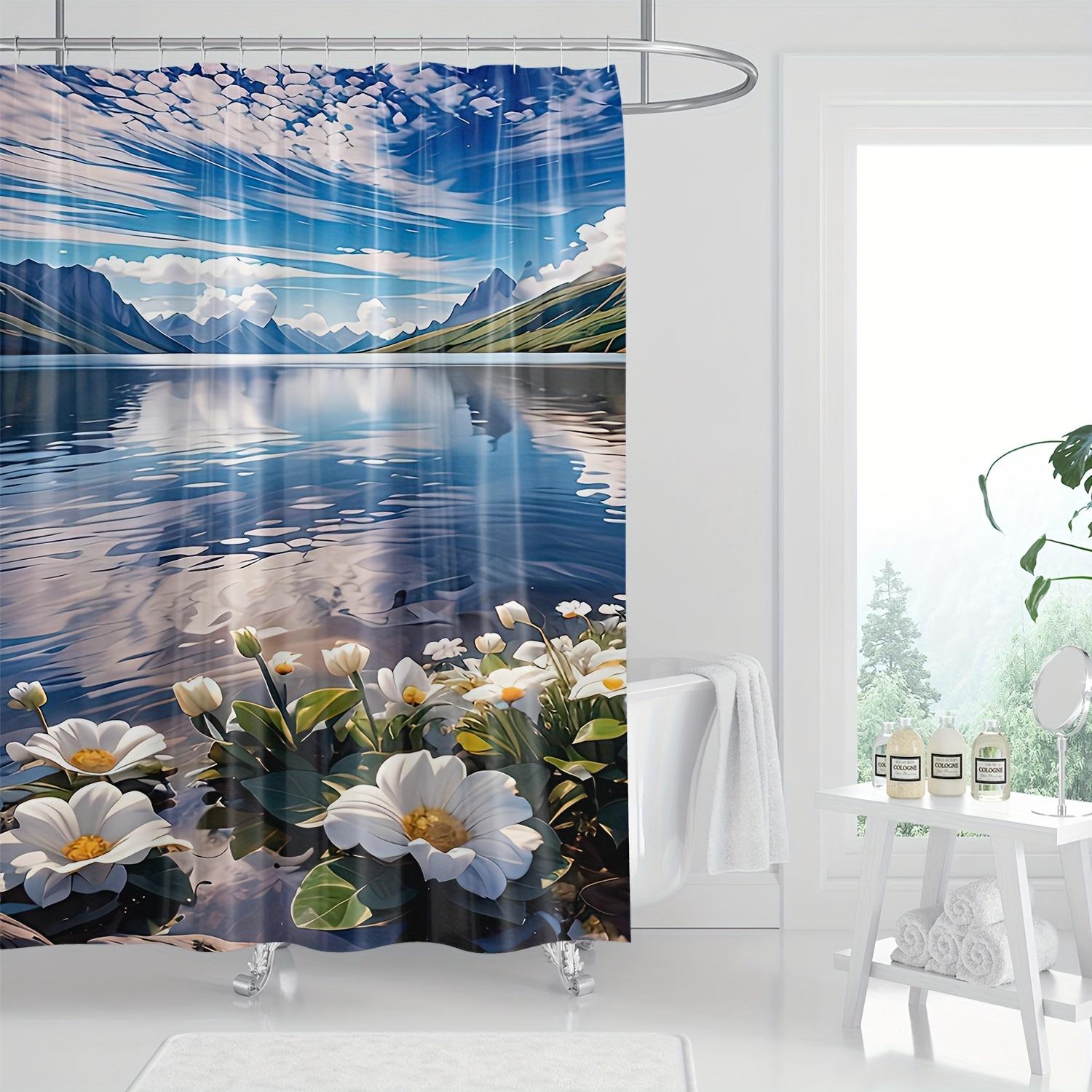 Serene Lakeside Floral & Mountain Shower Curtain, Polyester, Machine Washable, Hooks Included, Modern Bathroom Decor W90xH180cm