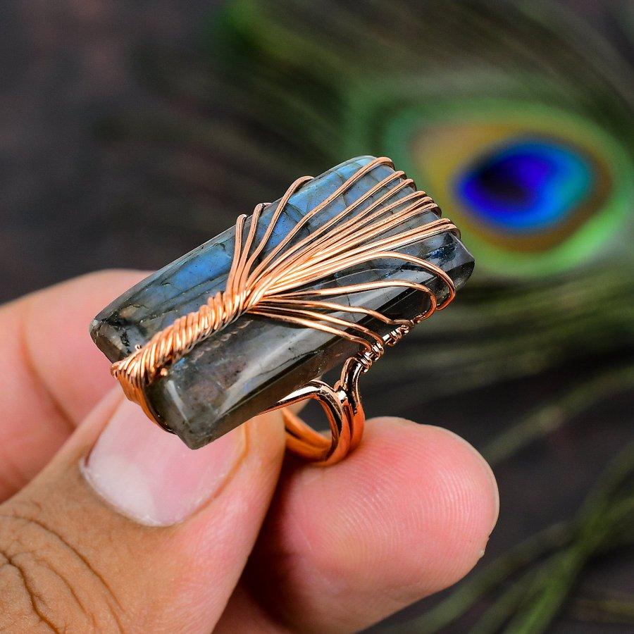 Natural Labradorite Gemstone Handmade Copper Wire Wrap Gift Ring Size 6 O8v21