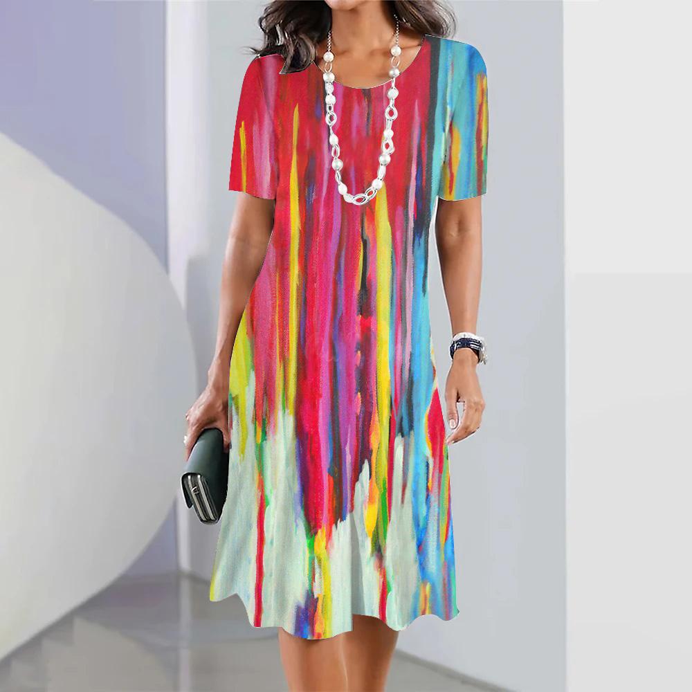 Summer Women's Fashion Round Neck Short-sleeved A-line Dress 3d Colorful Printing Casual Loose Dress