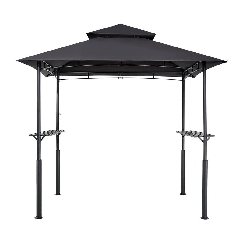 Grill Gazebo, 2.43 x 1.5 m Reinforced Outdoor BBQ Gazebo with Double-Tiered Roof, Powder-Coated Steel Patio Grill Shelter with 2 Side Shelves & 8
