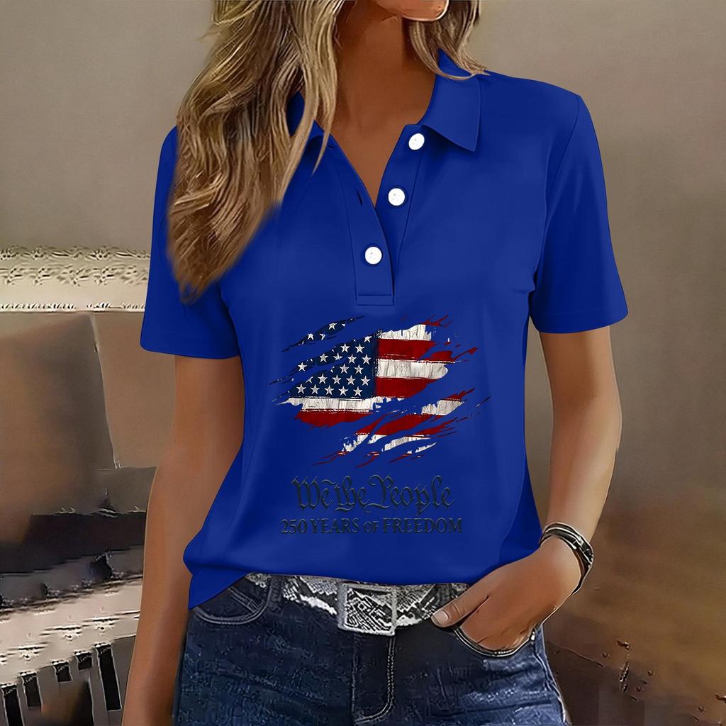 Damen Casual Knopfleiste Kurzarm Poloshirt Amerikanische Flagge Grafikdruck 250. Jahrestag Patriotisches Oberteil Leichtes Sommer-T-Shirt