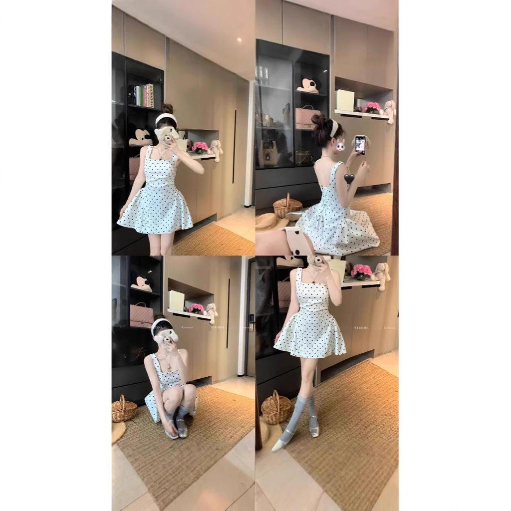 White Polka Dot Strappy Dress: Backless, Waist-Slimming, Puffy Skirt for Women