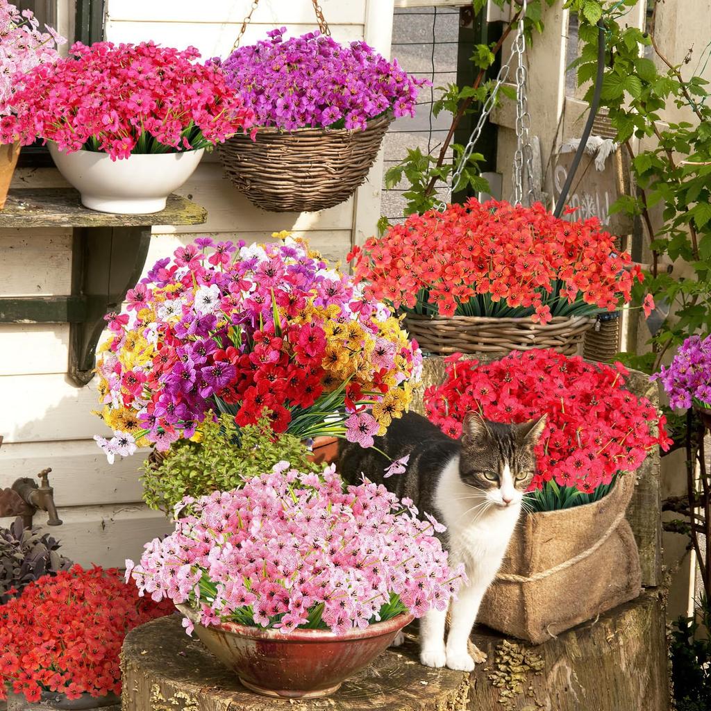 24 Bundles Artificial Flowers for Outdoor,No Fade Fake Flowers Faux Plants for Decoration Hanging Planters Indoor Outside Garden Porch Home Wedding