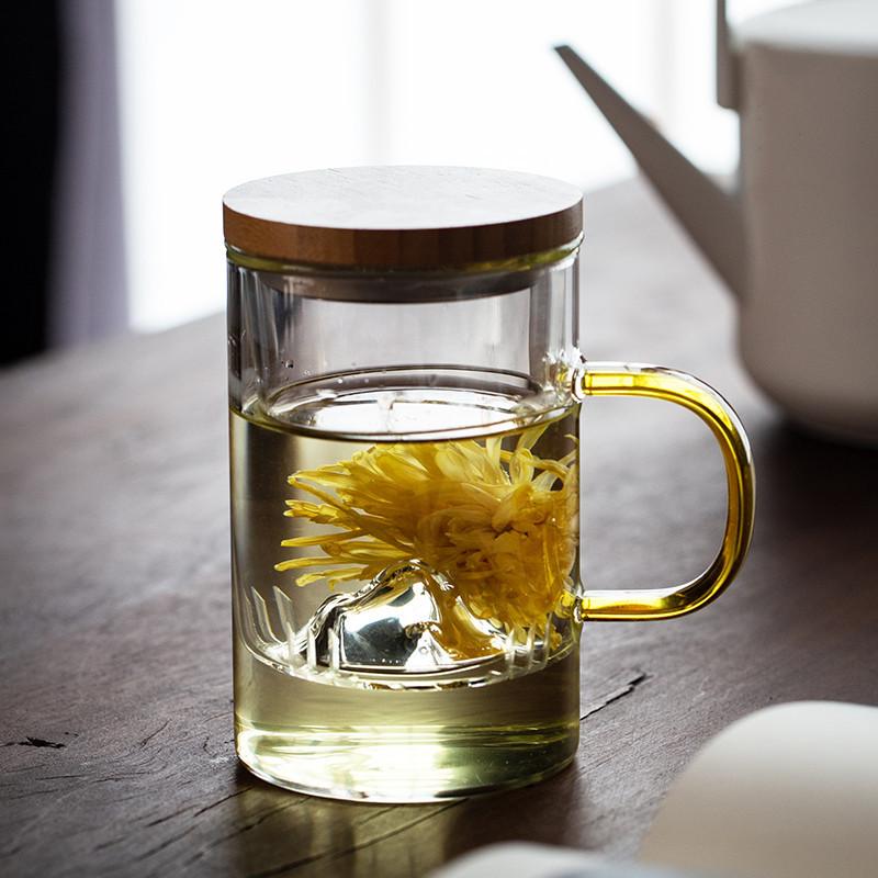 Three piece Cup of High Borosilicate Glass High Temperature-resistant Tea Water Separation Cup Office Bamboo and Wood Cover Filter Guanshan Tea Cup