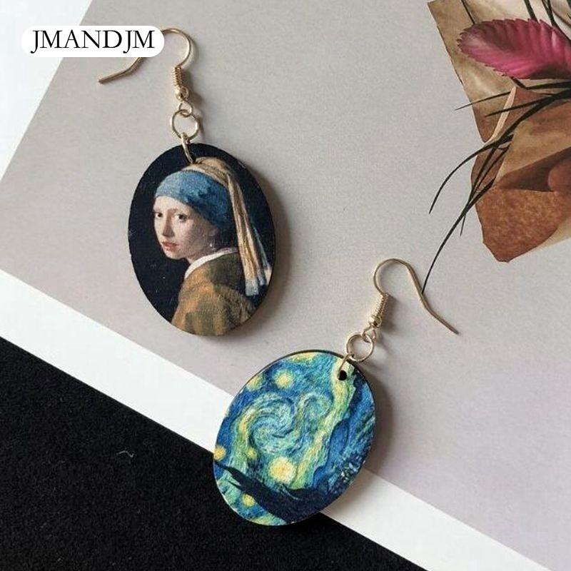 Dámske oválne drevené náušnice v štýle retro olejomaľby