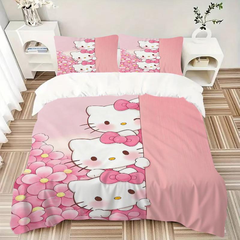 3pcs Three Pink Hello Kitty Design Printed Bedding Set, Soft and Comfortable Quilt Cover for Bedroom, Guest Room (Not Included).W104
