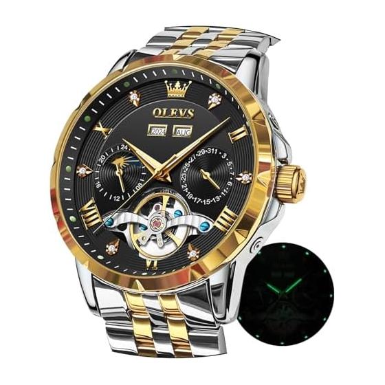 OLEVS Men s Mechanical Automatic Winding Moon Phase Stylish Skeleton Waterproof Popular Watch Luminous Watch for Men Black & Gold