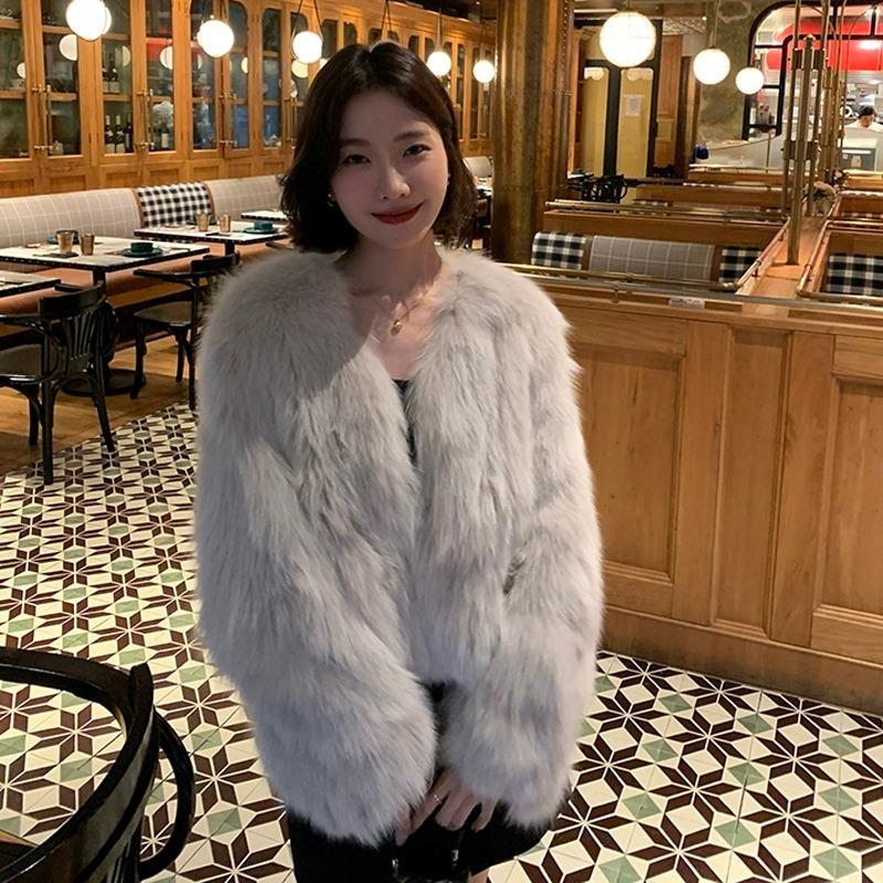Winter New Elegant Long Sleeve Fox Fur Jackets Women Fashion Vintage Slim Plush Warm Casual Coats Women Solid Loose Office Ladies Jacket Tops 25879