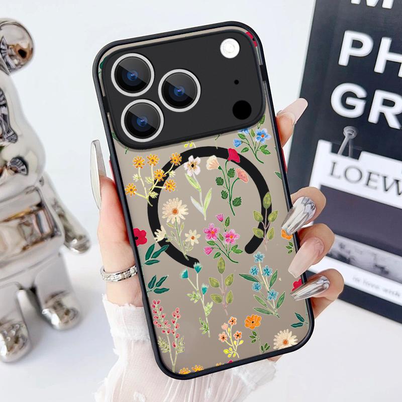 Flowers Leaves Pattern Magnetic Phone Case For iPhone 17 15 16 Pro Max 14 13 Pro 17 For Magsafe Wireless Charge Soft Edge Cover