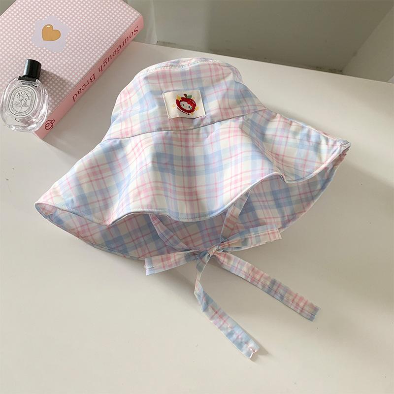 Summer Cute Plaid Strap Fisherman Hat For Women With Uv Protection And Large Brim Outdoor Mountaineering Sun Protection Sun Hat