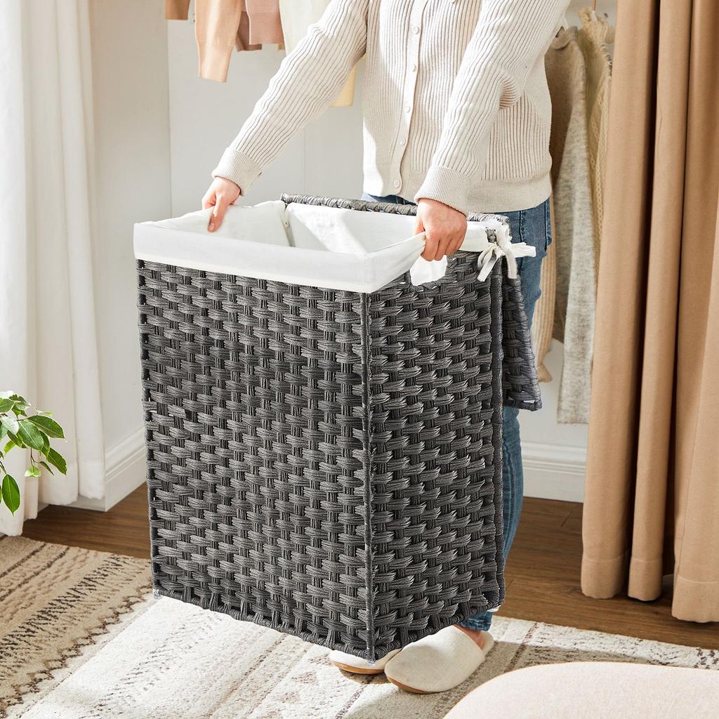 SONGMICS Handwoven Laundry Basket, 90L Synthetic Rattan Clothes Hamper with Lid and Handles, Foldable, Removable Liner Bag, Grey