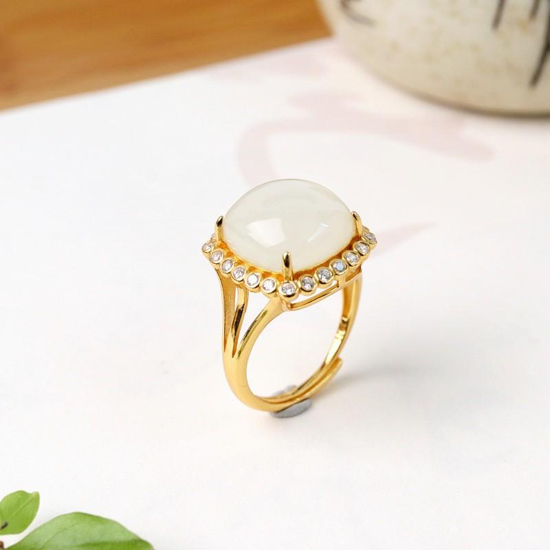 Adjustable Square Geometric Ring Women Men Copper Plated Gold With Jadeite White Jade Minimalist Vintage Style