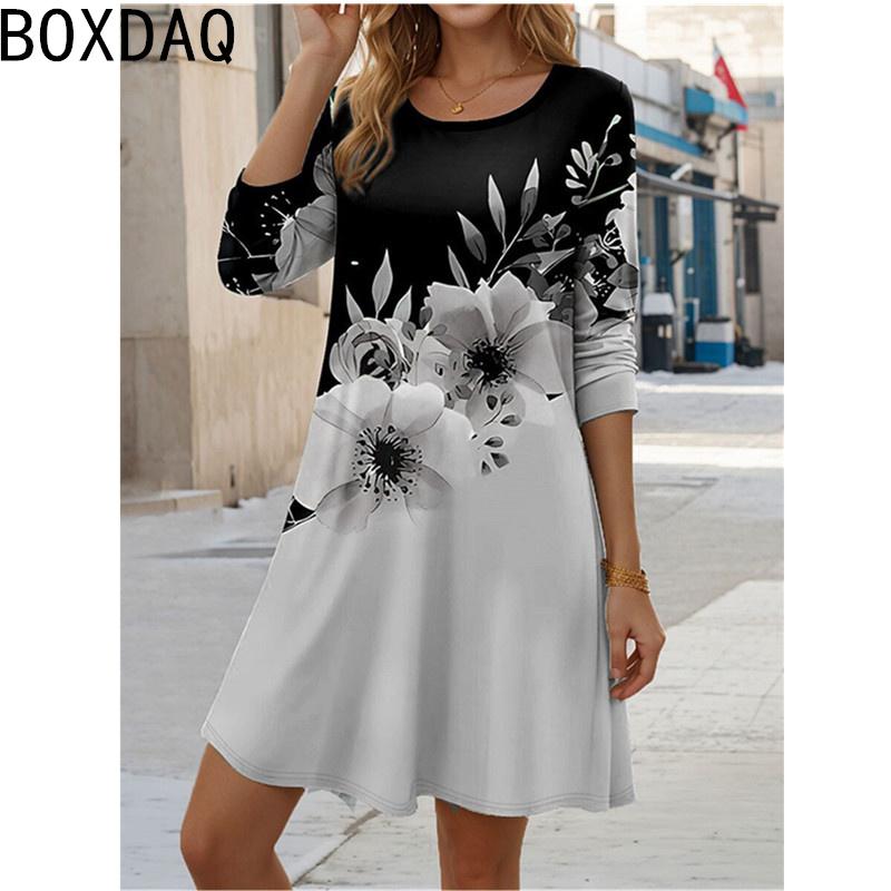 New Elegant Floral Print Long Sleeve Dress Big Size Women Casual Loose A-line Dress Vintage Boho Holiday Dress