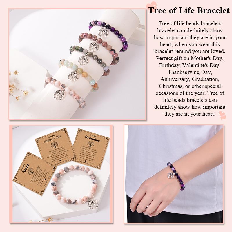 Nana Pink Zebra Stone Tree of Life Bracelet with Pendant - Natural Stone Gift for Grandma