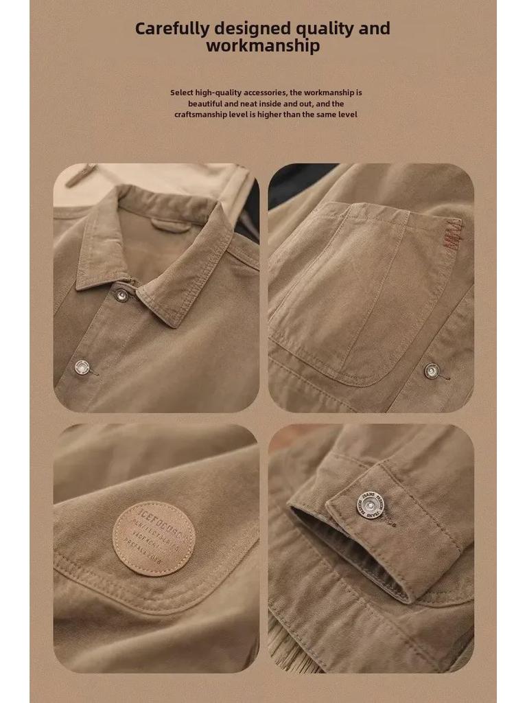 Pánská vintage hnědá voskovaná džínová lovecká bunda - Retro podzimní pracovní oděv, volný a trendy styl