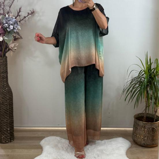 Summer Plus Size 2 Piece Sets for Women Crew Neck Short Sleeve Top Wide Leg Pants Set Casual Loose Lounge Outfits