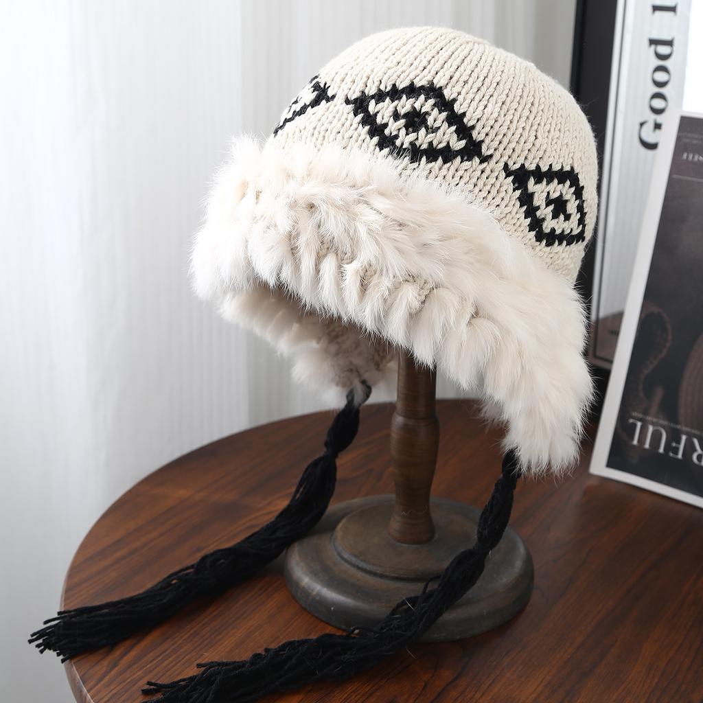 South Korea's new autumn and winter rabbit hair cold-proof wool hat women's warm ear protection straps plush knitted hat