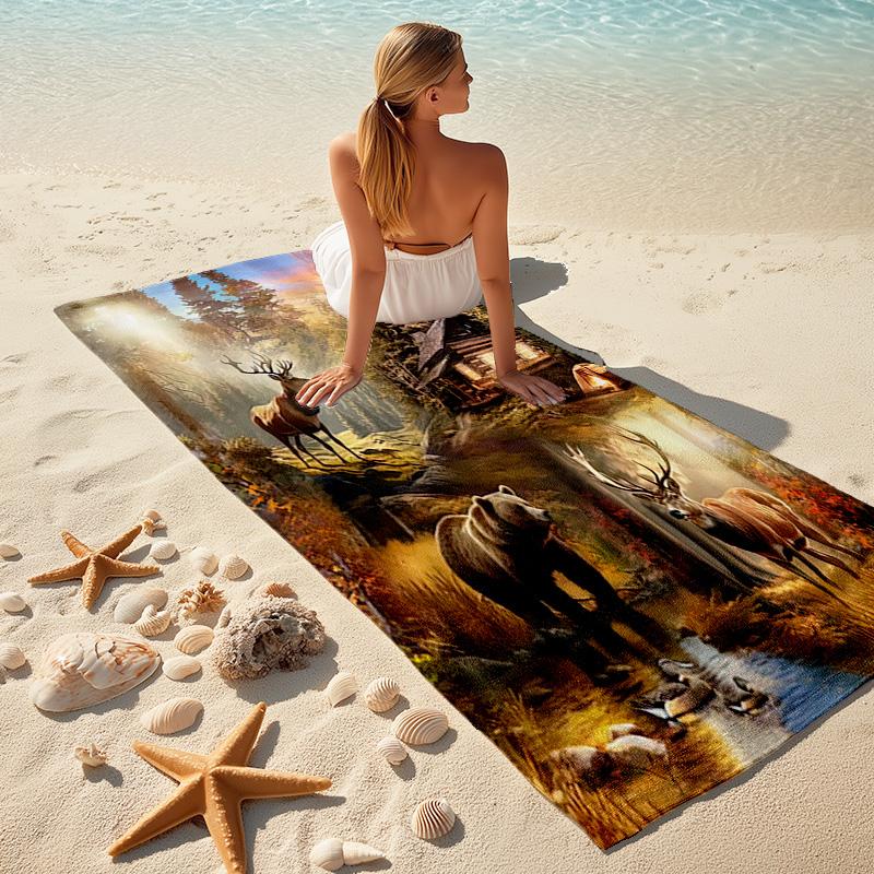 Wilderness Cabin Forest Wildlife Soft Beach Towel Outdoor Camping Vacation Swimming Beach Towel Outdoor Absorbent Bath Towel Blanket A7