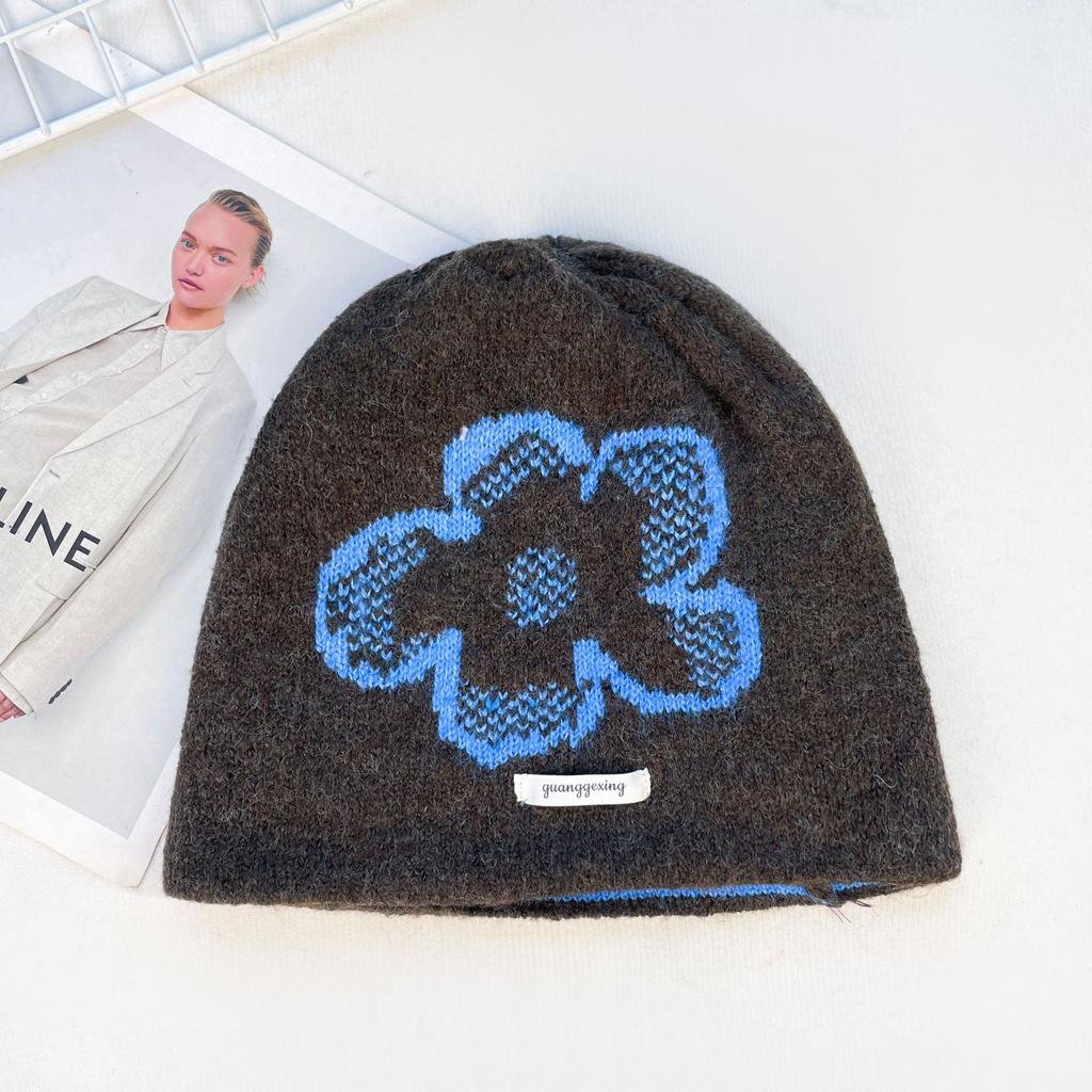 Spring and Autumn Warm Ear Protection Flower Big Head Circumference Knitted Wool Pile Hat Woman