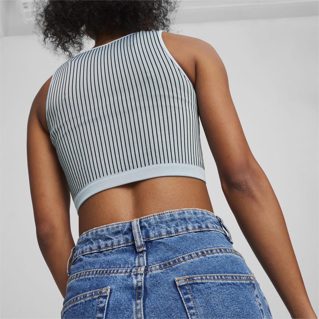 Puma Dare To Striped Design Casual Round Neck Crop Top Women Tops Blue Gray 624294-22
