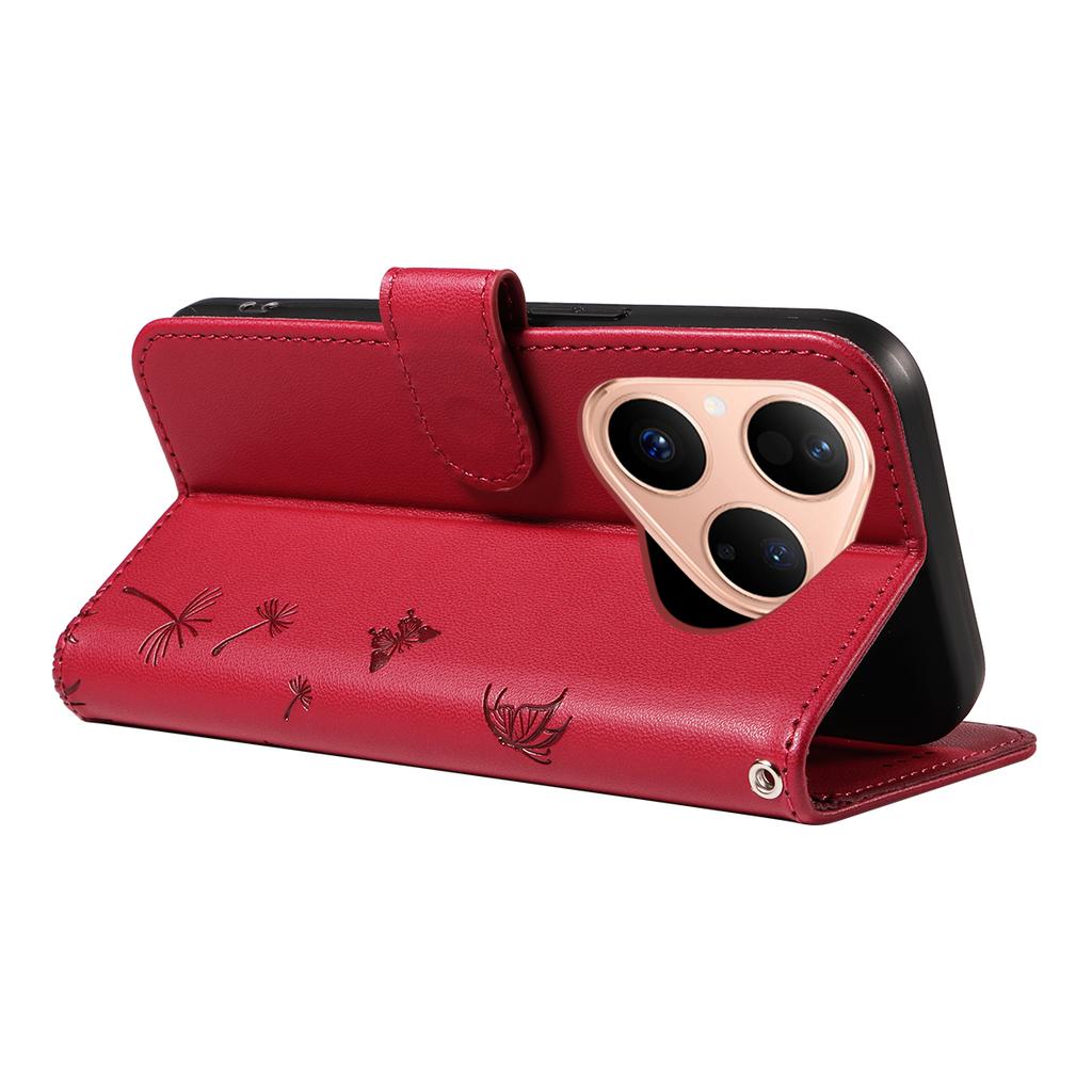 Ādas maciņš Huawei Pura 80 ar siksniņu, ar pienenes apdruku, telefona statīva vāciņš