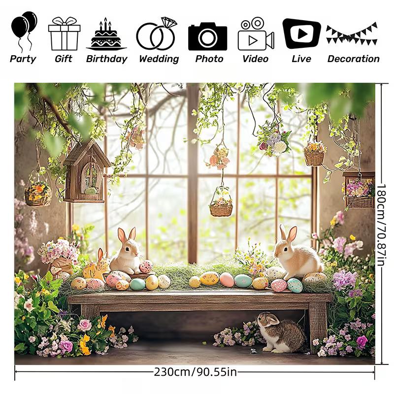 2D Happy Easter Backdrop Cloth 2D Print Floral Garden Bunny Living Room Wall Decor
