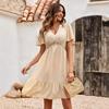 Women Spring Solid Color V-Neck Short Lotus Leaf Sleeve Dress Summer Casual A-Line High Waist Above Knee Dresses
