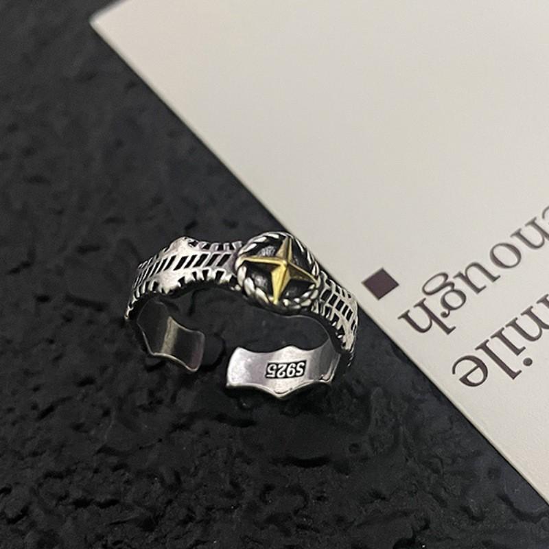 Adjustable Open Ring Men Women Sterling Vintage Geometric Band With Starburst Motif