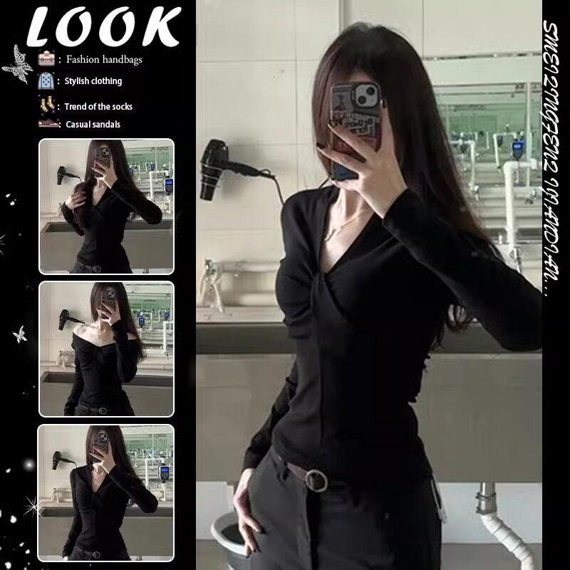 

Black One-Shoulder Top, Early Autumn French-Style Slim-Fit V-Neck Long-Sleeve Women s New Style, Sweet and Spicy Design for Early Autumn Black S [Excellent Quality]