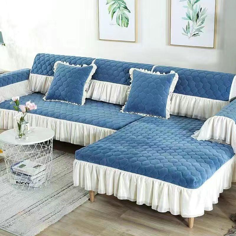 

Современный минималистский плюшевый край юбки подушка высокого класса все включено стеганый универсальный чехол для дивана украшение для дома гостиная нескользящее полотенце для спинки 45x45cm Pillowcover 1pcs синий