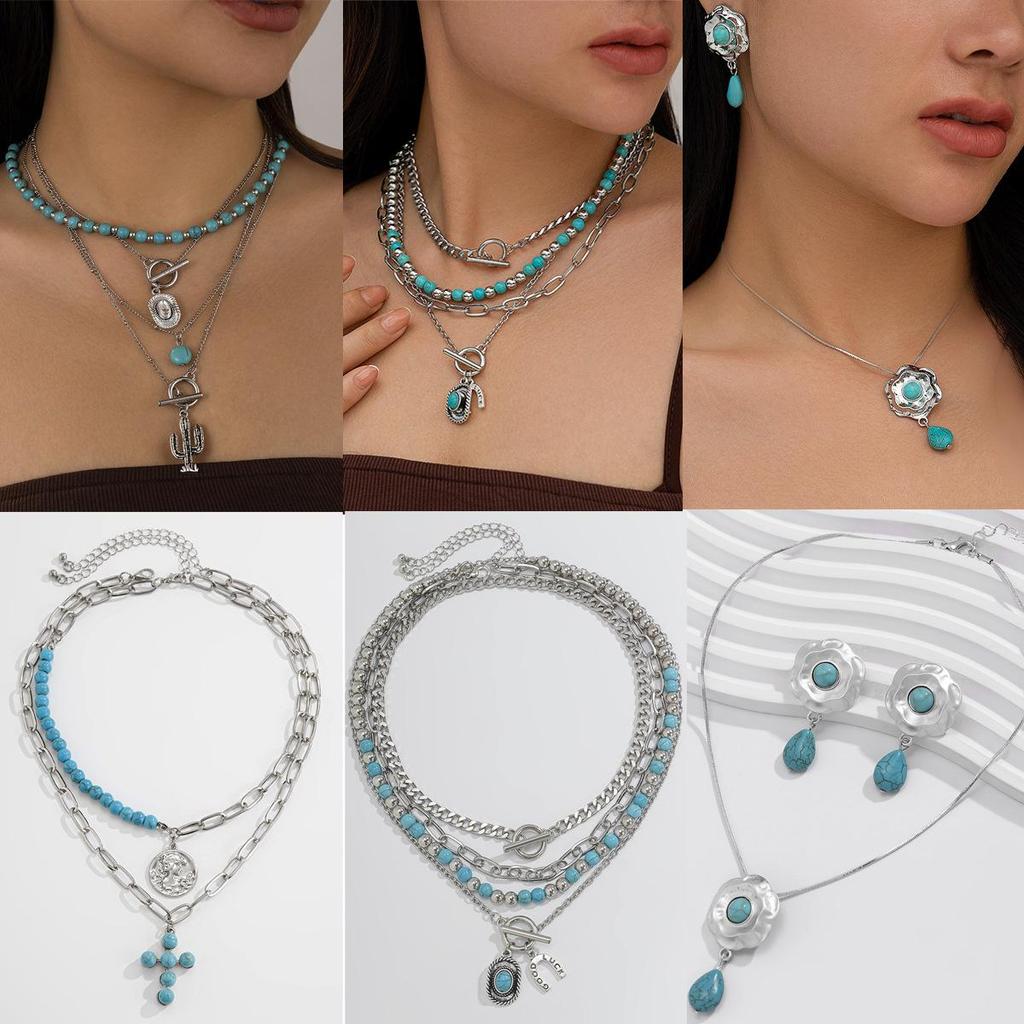 European-American Multilayer Turquoise Necklace with Star Alloy Geometric Design