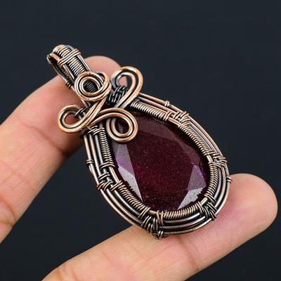 Lab-Created Ruby Gemstone Pure Copper Wire Wrapped Handmade Pendant Jewelry