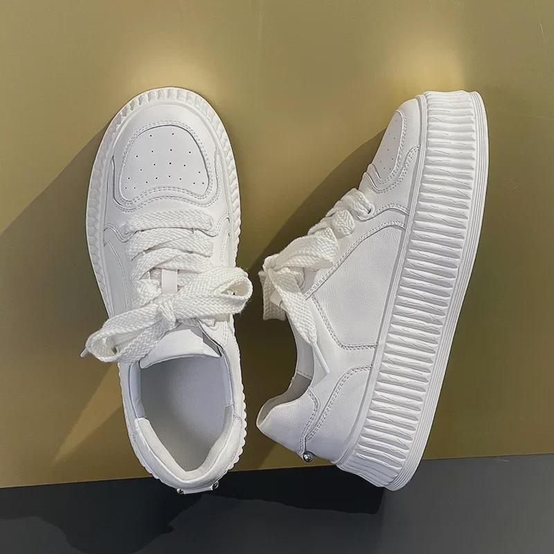 Women's 2023 Spring Genuine Leather Thick-Soled White Height-Boost Biscuit Sneakers