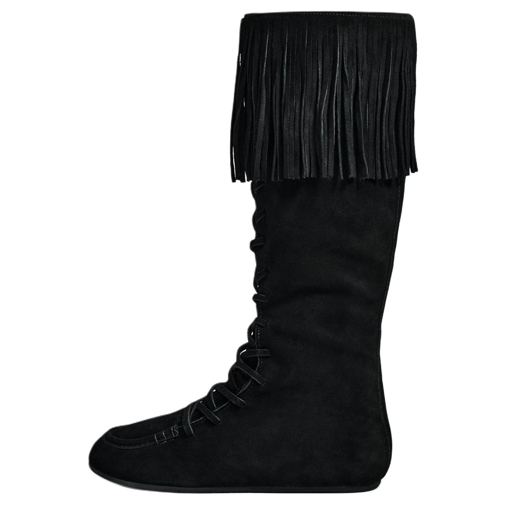 

Zara Мода Винтаж Бахрома Декор Замша Шнуровка Круглый Носок Плоские Высокие Сапоги Женские сапоги Черный 13031510-38 38