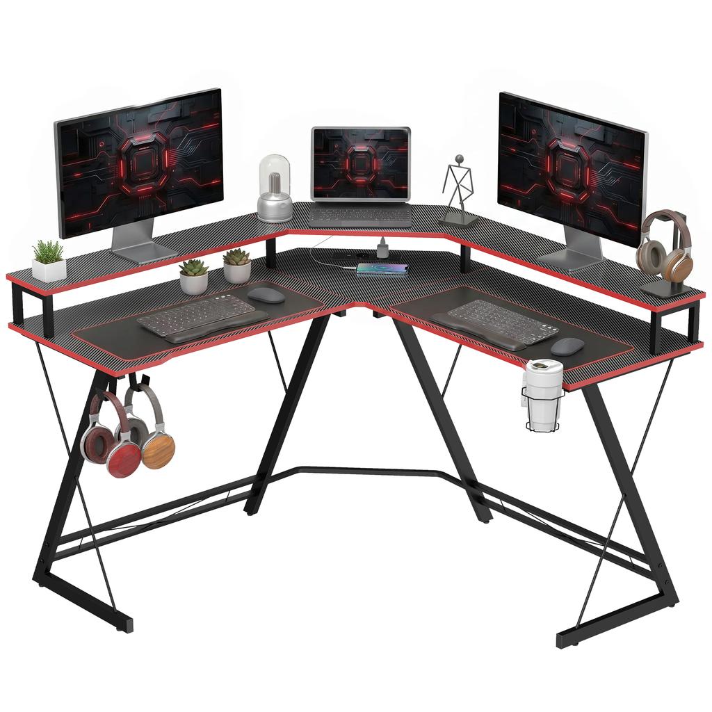 L-Shaped Computer Desk with Power Outlets, 128 cm Corner Desk with Monitor Stand, Headphone Hook & Cup Holder