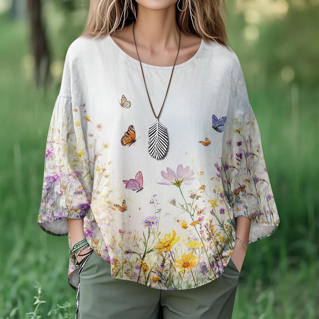 Summer Tops For Women Cute O Neck 3/4 Sleeve Blouses Floral Print Top Casual Shirts