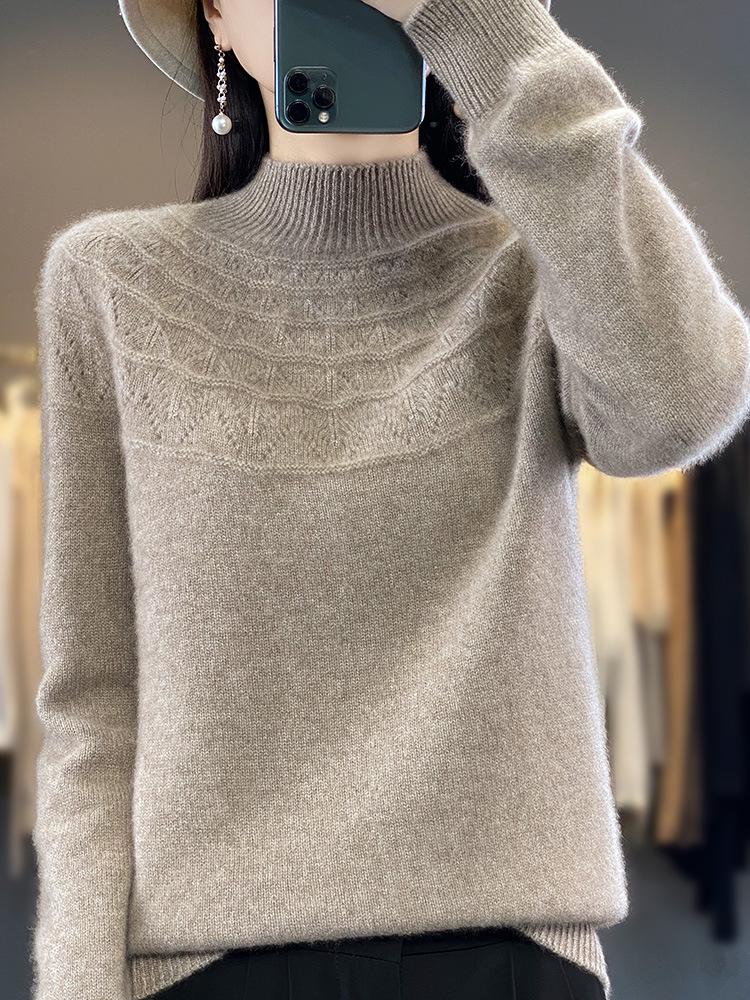 Autumn/Winter Women's Knitwear: Hollow Out Half-High Neck Long Sleeve Loose Slimming Pullover Sweater.