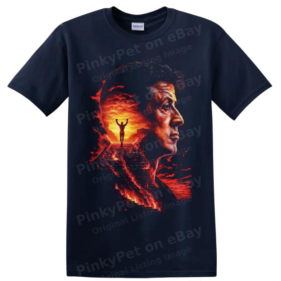 Rocky Balboa T Shirt Fiery Staircase Boxer Movie Tribute Graphic Tee Fan Gift
