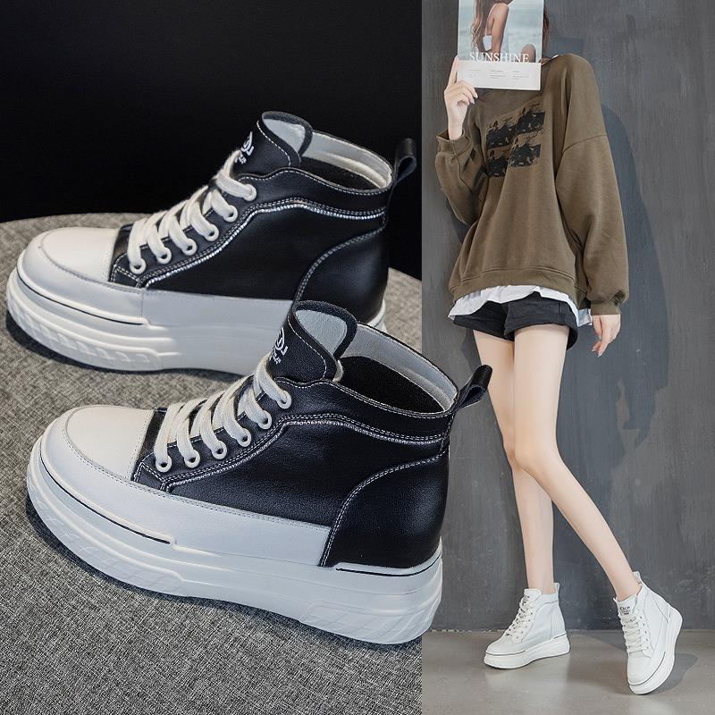 Inner height increase 7 leather little white shoes women, autumn new versatile thick-soled muffin casual shoes autumn models