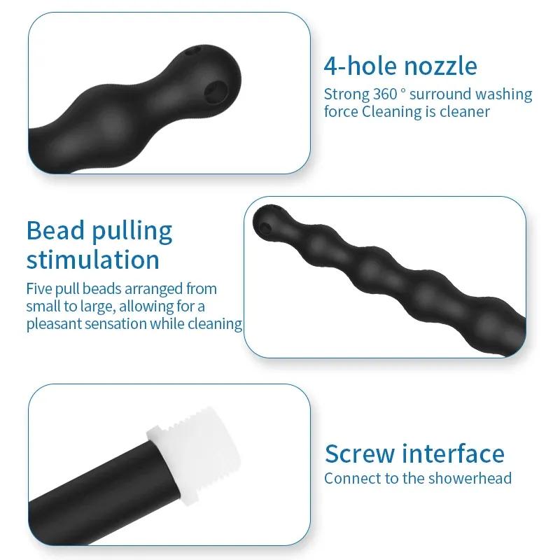 Silicone Long 58cm Anal Beads Plug Dilator Douche Enema Vagina Cleaning Kit Buttplug Syringe Shower Head Gay Sex Toy For Couples