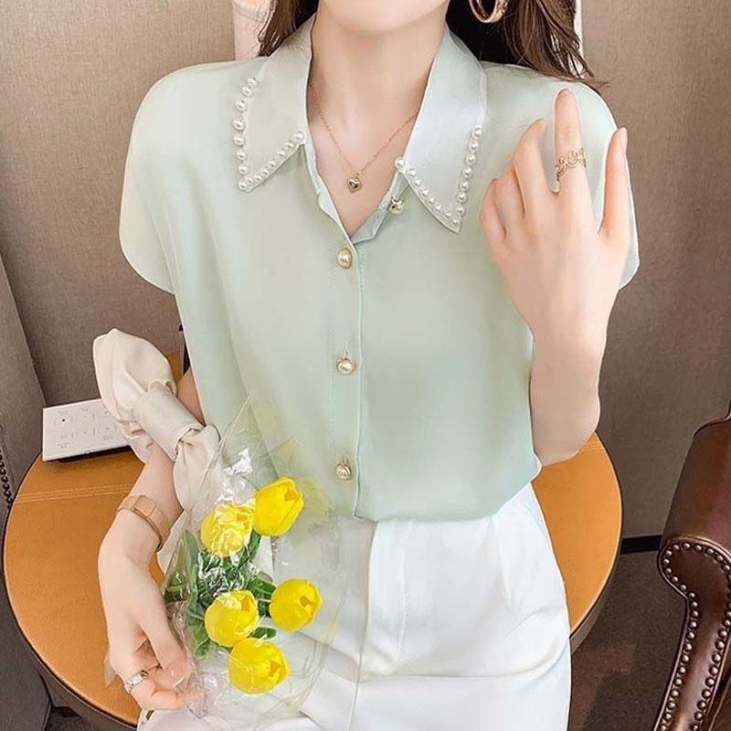 Elegant Fashion Ladies Beading Polo-Neck Solid Short Sleeve Shirt Tops Women's Clothing Summer Single-breasted Chiffon Blouses