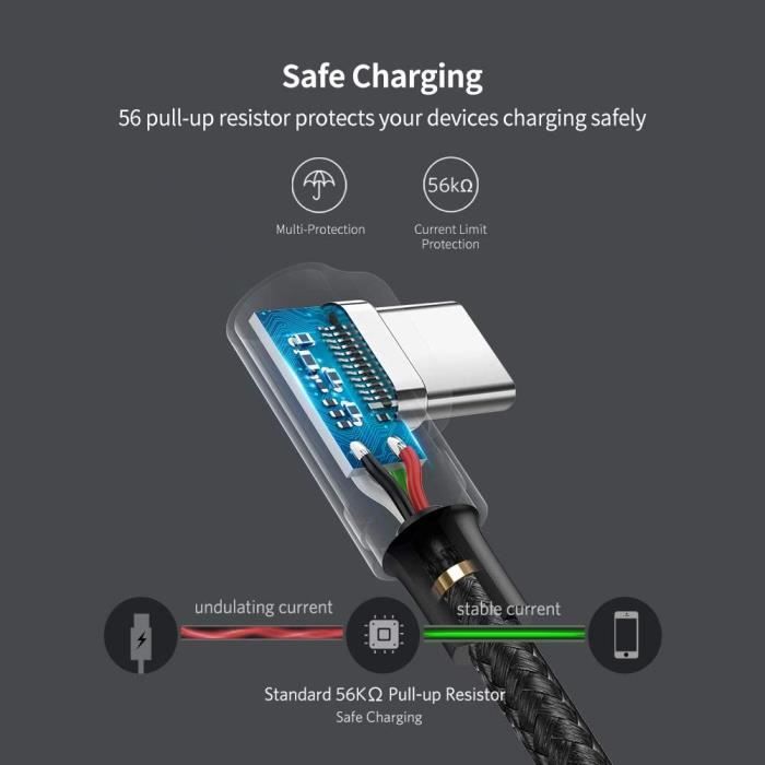 Câble usb c - ugreen - coudé 90 degrés - charge rapide 3a - nylon tressé - 1m