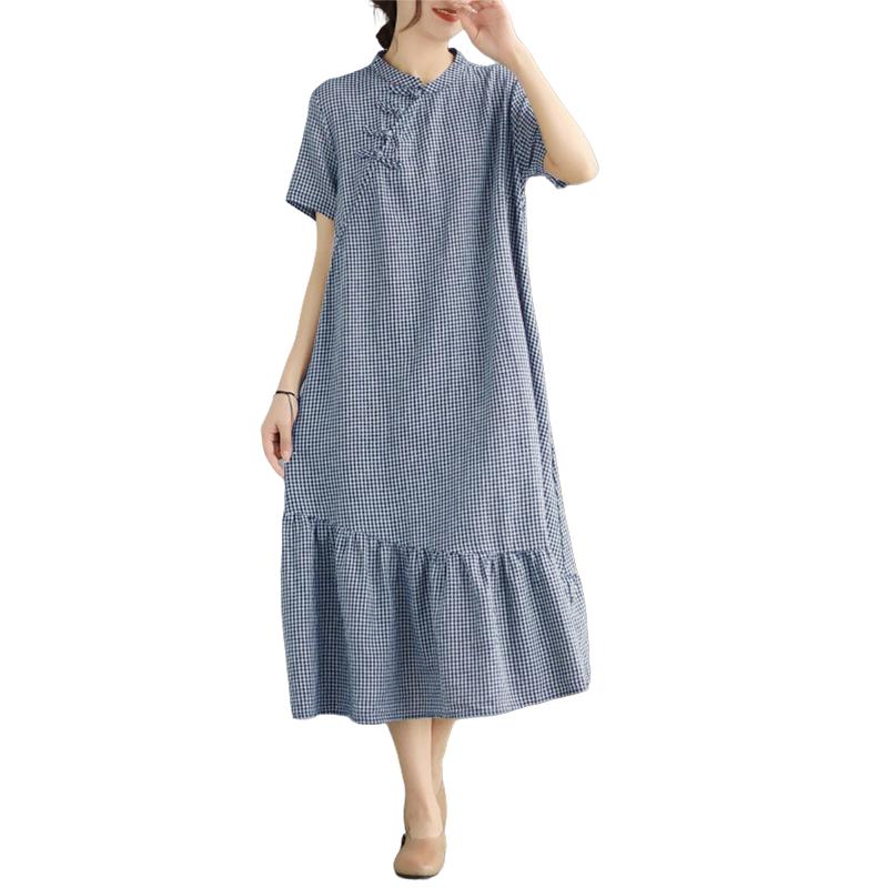 ZANZEA Women Casual Stand Collar Loose Short Sleeve Grid Print Dress