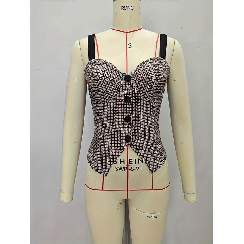 Fashion Style Retro Plaid Camisole Fashion Elegance Button French Style Silm Tops Camisole Top