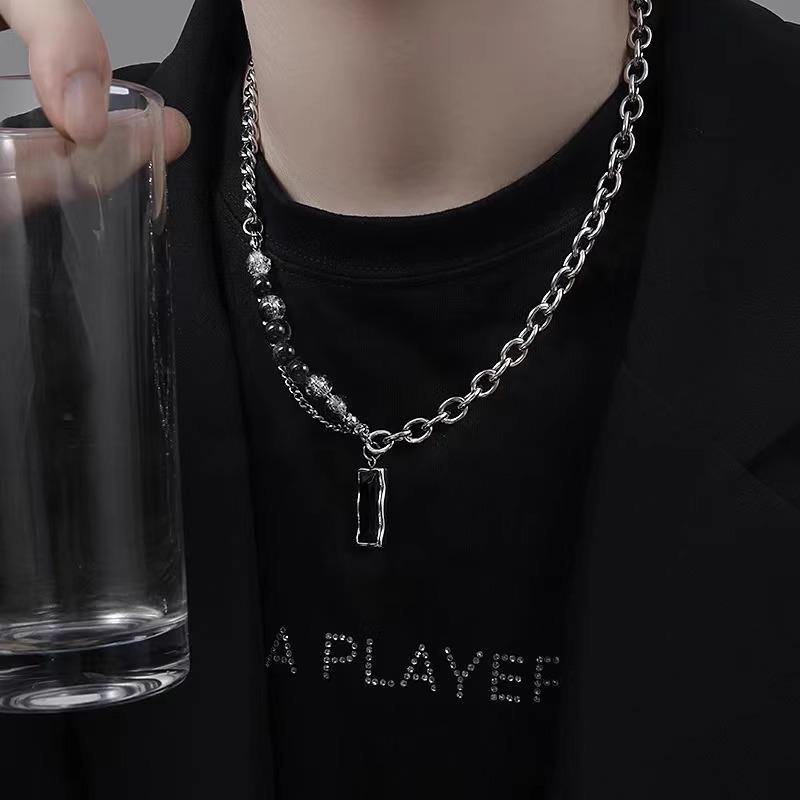 Men's High-End Black Gemstone Pendant Necklace - Trendy Original Design for Boys & Women