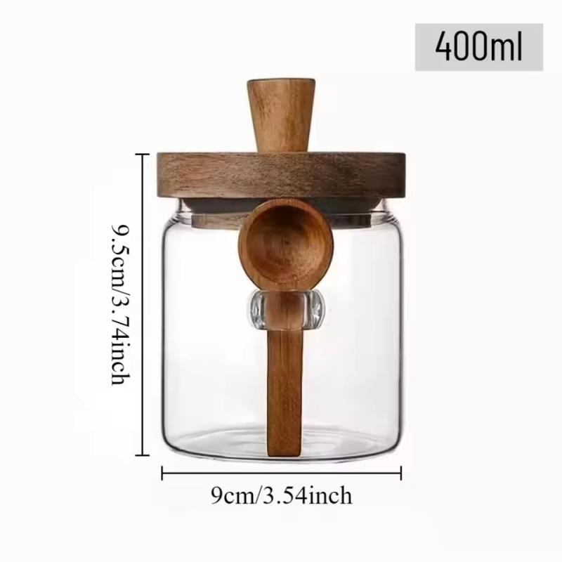 Food Storage Container Glass Jar with Wooden Lid  & Scoop Grain Spice Coffee Bean S (9x9.5 cm)