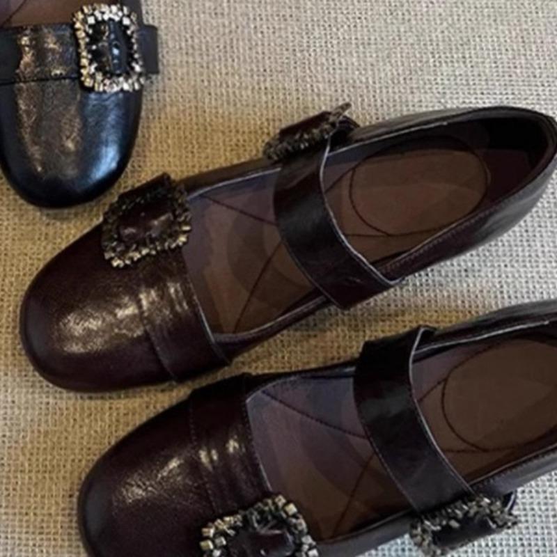 Spring Flat Shoes Women's Round Head Shallow Mouth Metal Buckle Soft Sole Non-slip Wear-resistant Single Shoes