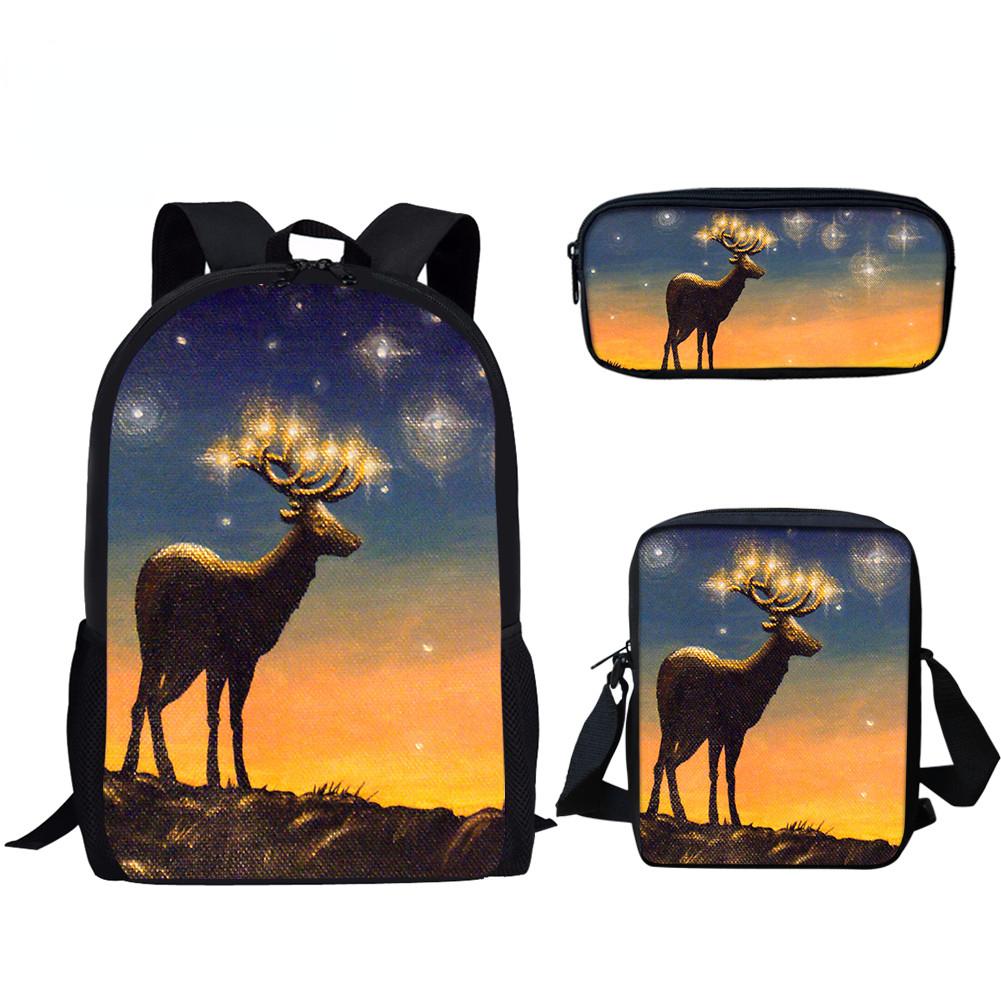 Klassiek Populair Dier Hert 3D Print 3 stuks/Set leerling Schooltassen Laptop Dagrugzak Rugzak Schuin gedragen schoudertas Etui