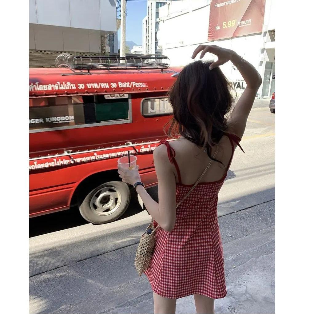 Mori red plaid suspender dress short temperament sweet and spicy style summer 2026 new super fairy explosion